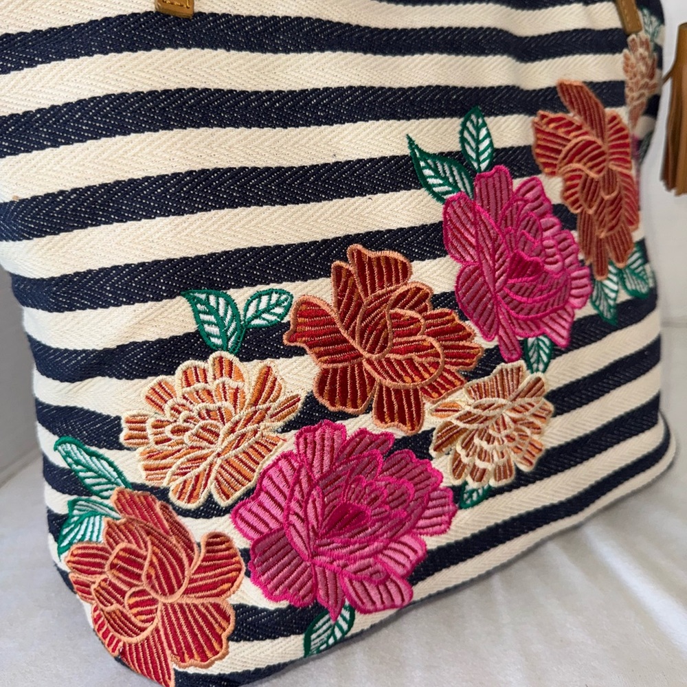 Chico's Striped Vibrant Floral Embroidered Cotton Leather Tote Shoulder Purse - Picture 10 of 14